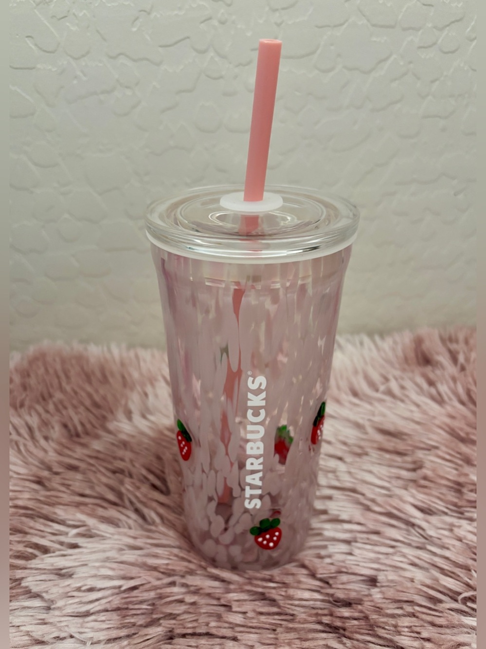 Starbucks Pink Strawberry Glass Cold Cup with Straw
